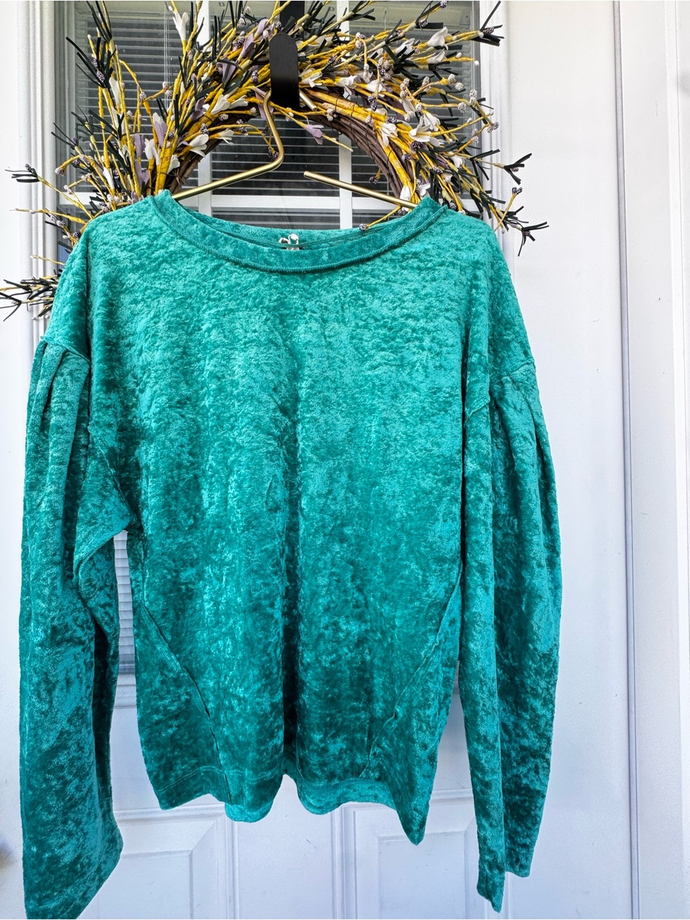 FREE PEOPLE Teal Crushed Velvet Long-Sleeve Sweater